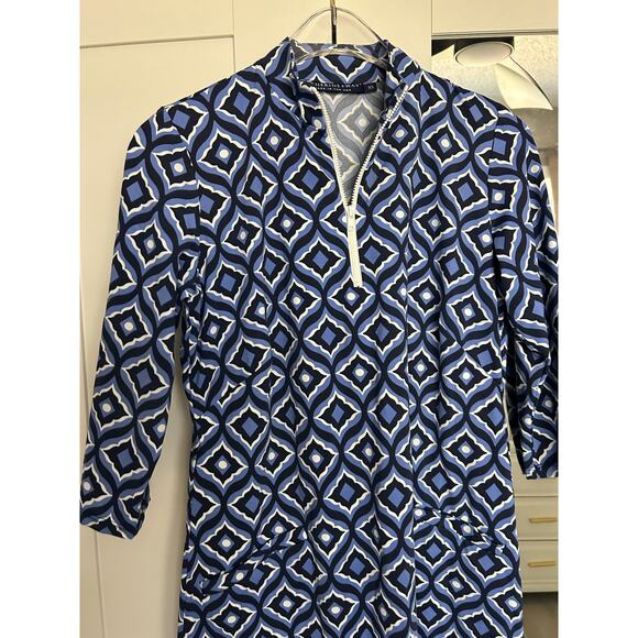 Katherine Way Geometric Print Quarter Zip Dress Blue Sz XS Preppy Golf Tennis - Picture 2 of 7